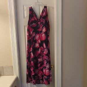 Joan Vass Navy Maxi Dress with Pink Floral Brushprint